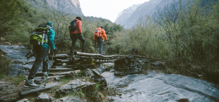 Gruppe junger Wanderer überquert Bergbach
